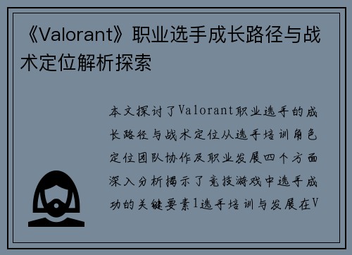 《Valorant》职业选手成长路径与战术定位解析探索
