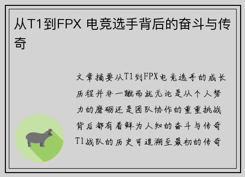 从T1到FPX 电竞选手背后的奋斗与传奇